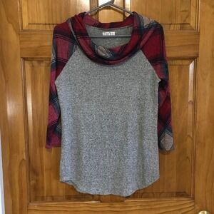 Plaid Cowl Neck Top Gray Raglan 3/4 Sleeve Tunic‎ Cozy Casual Womens